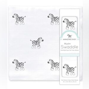 NWT Amazing Baby Muslin Swaddle Breathable Super Soft Cotton Zebra Blanket 36x36